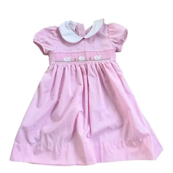 Petit Bebe Girls Easter Bunny Peter Pan Collat Smocked Dress Size 4